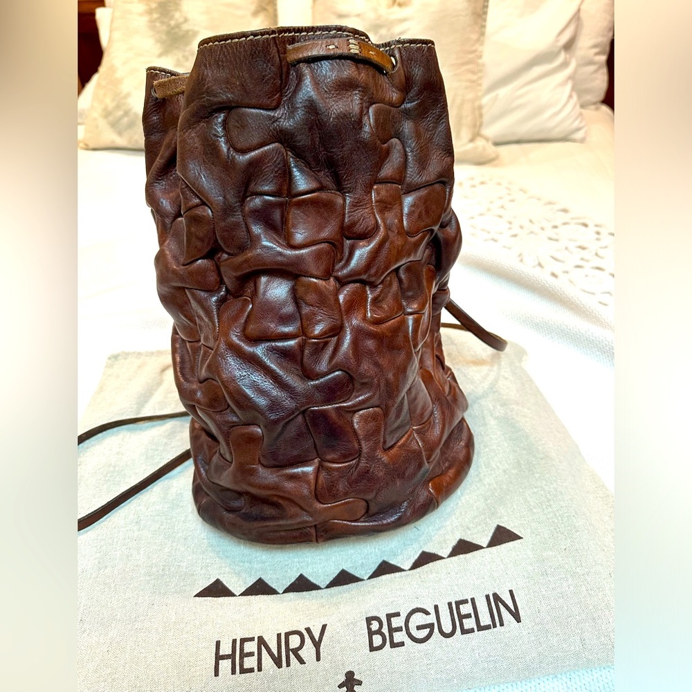 HENRY BEGUELIN BROWN LEATHER PATCHWORK PUZZLE QUILTED LOOK BACKPACK RARE!